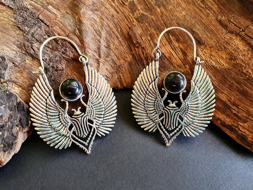 Silver Scarab Earrings Ancient Black Onyx ; Ethnic, Geometric, rustic, yoga, hippie, gypsy, pretty, boho, bohemian, festival