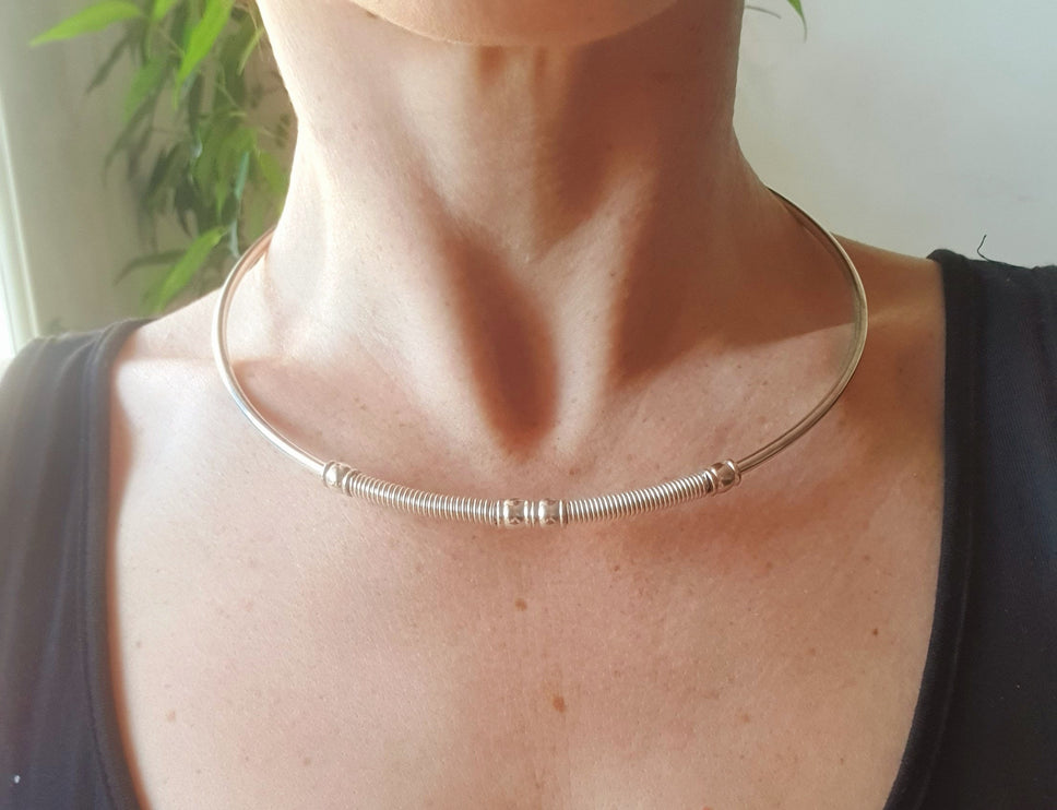 Ethnic Silver Choker Necklace / Rustic / Gypsy / Lightweight / Boho / Tribal / Hippie / Rustic / Vegan / Aztec