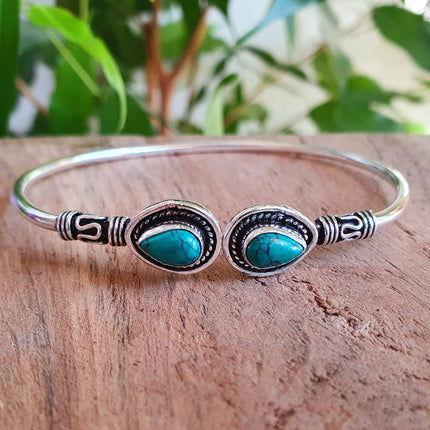 Bali Boho Turquoise Silver Bracelet / Bangle / Ethnic / Rustic / Bohemian / Hippie / Gypsy / Psy / Adjustable