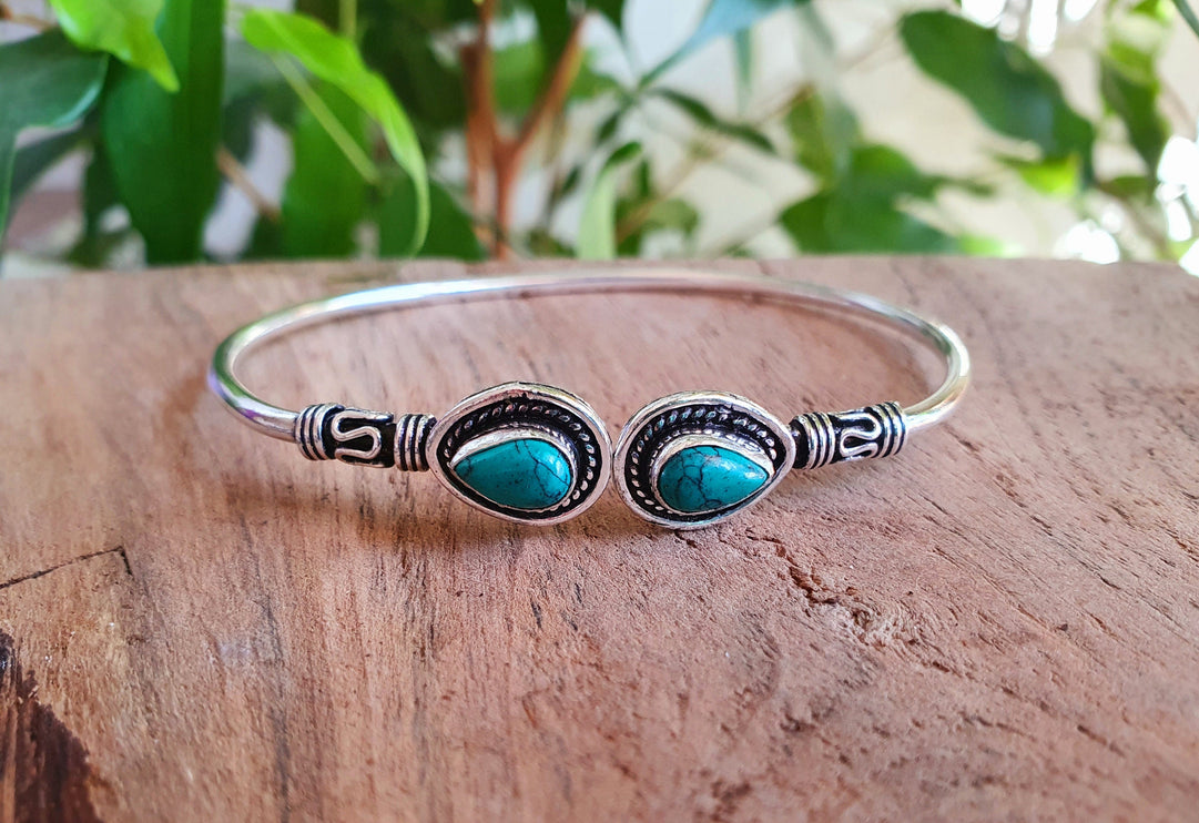 Bali Boho Turquoise Silver Bracelet / Bangle / Ethnic / Rustic / Bohemian / Hippie / Gypsy / Psy / Adjustable