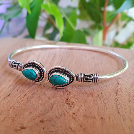 Bali Boho Turquoise Silver Bracelet / Bangle / Ethnic / Rustic / Bohemian / Hippie / Gypsy / Psy / Adjustable