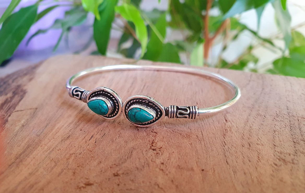 Bali Boho Turquoise Silver Bracelet / Bangle / Ethnic / Rustic / Bohemian / Hippie / Gypsy / Psy / Adjustable