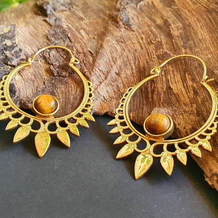 Tiger's Eye Gold Spiky Hoop Earrings Ethnic, rustic, yoga, hippie, gypsy, pretty, psy, boho, bohemian, festival