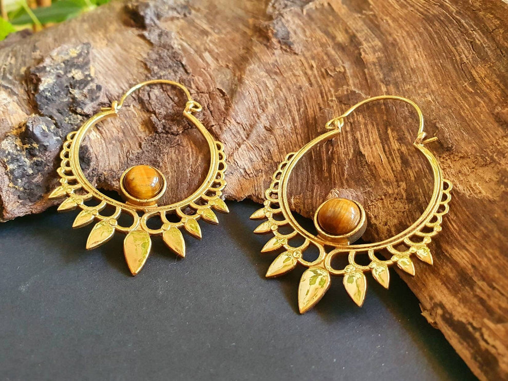 Tiger's Eye Gold Spiky Hoop Earrings Ethnic, rustic, yoga, hippie, gypsy, pretty, psy, boho, bohemian, festival