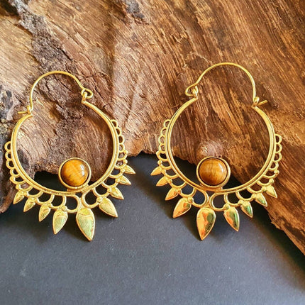 Tiger's Eye Gold Spiky Hoop Earrings Ethnic, rustic, yoga, hippie, gypsy, pretty, psy, boho, bohemian, festival