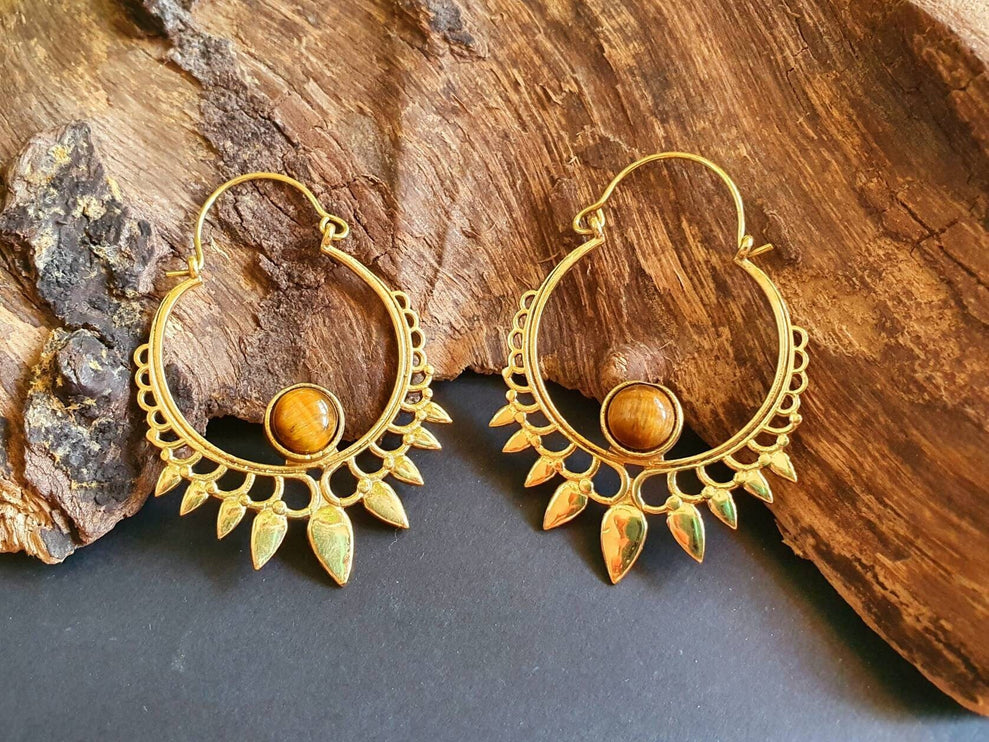 Tiger's Eye Gold Spiky Hoop Earrings Ethnic, rustic, yoga, hippie, gypsy, pretty, psy, boho, bohemian, festival