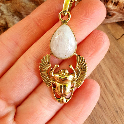 Golden Scarab Necklace / Moonstone / Talisman / Third Eye / Hypoallergenic / Brass / Boho / Inca / Ethnic / Illuminati