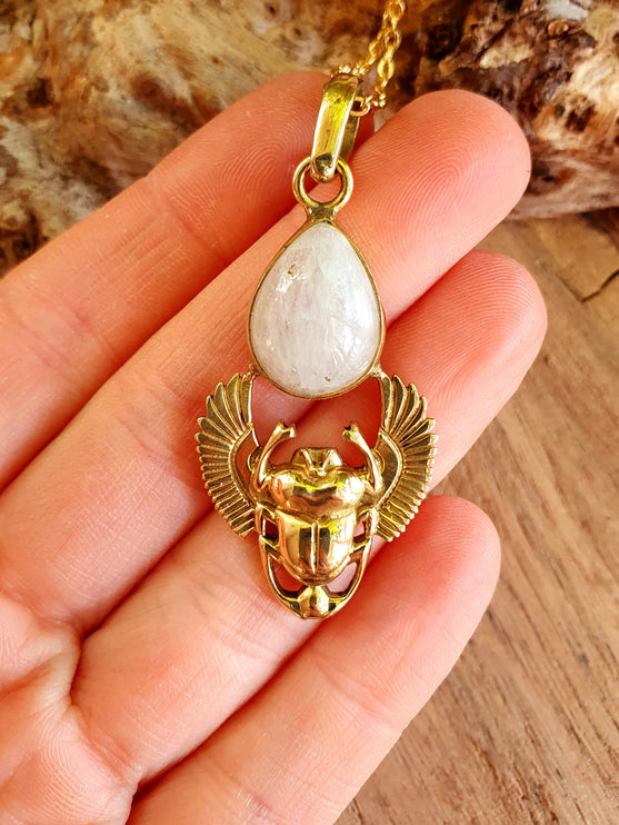 Golden Scarab Necklace / Moonstone / Talisman / Third Eye / Hypoallergenic / Brass / Boho / Inca / Ethnic / Illuminati