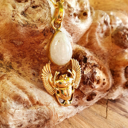 Golden Scarab Necklace / Moonstone / Talisman / Third Eye / Hypoallergenic / Brass / Boho / Inca / Ethnic / Illuminati