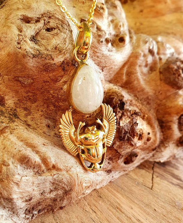 Golden Scarab Necklace / Moonstone / Talisman / Third Eye / Hypoallergenic / Brass / Boho / Inca / Ethnic / Illuminati