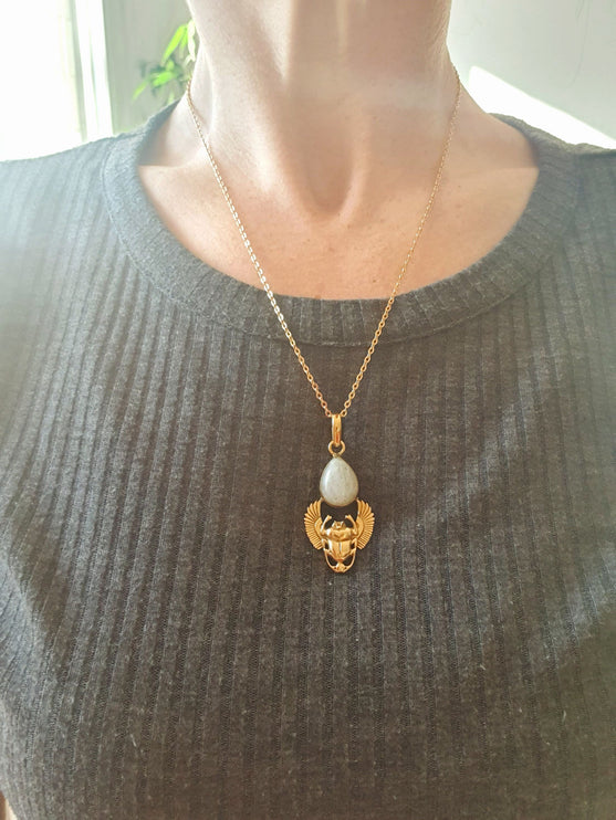 Golden Scarab Necklace / Moonstone / Talisman / Third Eye / Hypoallergenic / Brass / Boho / Inca / Ethnic / Illuminati