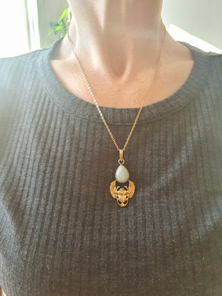 Golden Scarab Necklace / Moonstone / Talisman / Third Eye / Hypoallergenic / Brass / Boho / Inca / Ethnic / Illuminati