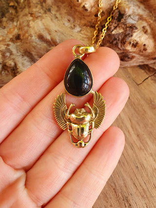 Golden Scarab Necklace / Black Onyx / Talisman / Third Eye / Hypoallergenic / Brass / Boho / Inca / Ethnic / Illuminati