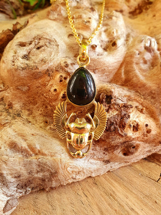 Golden Scarab Necklace / Black Onyx / Talisman / Third Eye / Hypoallergenic / Brass / Boho / Inca / Ethnic / Illuminati