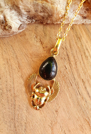 Golden Scarab Necklace / Black Onyx / Talisman / Third Eye / Hypoallergenic / Brass / Boho / Inca / Ethnic / Illuminati