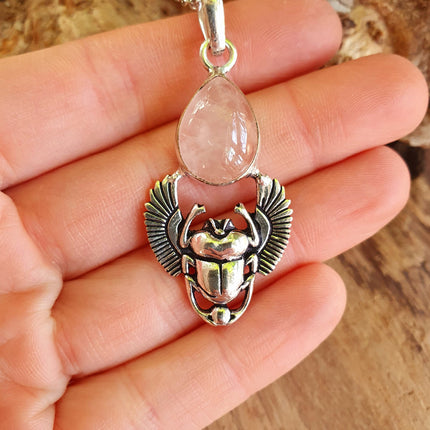 Silver Scarab Necklace / Rose Quartz / Talisman / Third Eye / Hypoallergenic / Brass / Boho / Inca / Ethnic / Illuminati