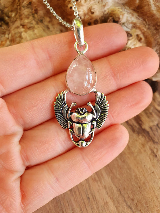 Silver Scarab Necklace / Rose Quartz / Talisman / Third Eye / Hypoallergenic / Brass / Boho / Inca / Ethnic / Illuminati