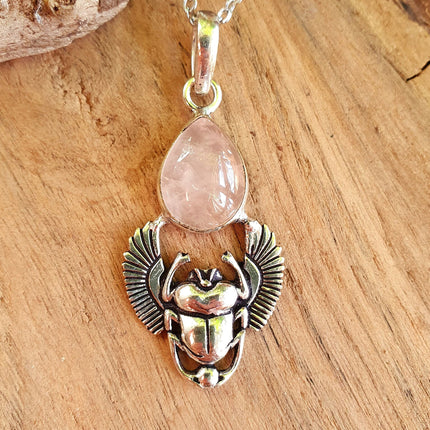 Silver Scarab Necklace / Rose Quartz / Talisman / Third Eye / Hypoallergenic / Brass / Boho / Inca / Ethnic / Illuminati