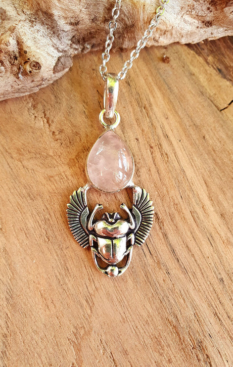 Silver Scarab Necklace / Rose Quartz / Talisman / Third Eye / Hypoallergenic / Brass / Boho / Inca / Ethnic / Illuminati