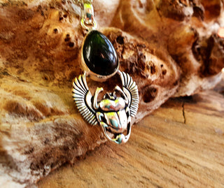 Silver Scarab Necklace / Black Onyx / Talisman / Third Eye / Hypoallergenic / Brass / Boho / Inca / Ethnic / Illuminati