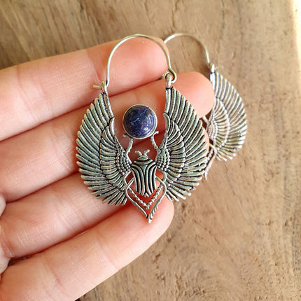 Silver Scarab Earrings Ancient Egypt Lapis Lazuli & Brass ; Ethnic, Geometric, rustic, yoga, hippie, gypsy, pretty, boho, bohemian, festival