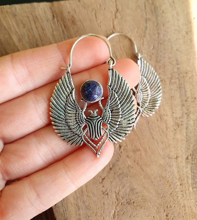 Silver Scarab Earrings Ancient Egypt Lapis Lazuli & Brass ; Ethnic, Geometric, rustic, yoga, hippie, gypsy, pretty, boho, bohemian, festival