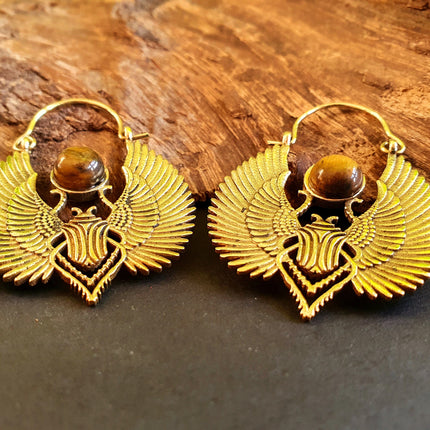 Golden Tiger Eye Scarab Earrings Ancient Egypt ; Ethnic, Geometric, rustic, yoga, hippie, gypsy, pretty, boho, bohemian, festival