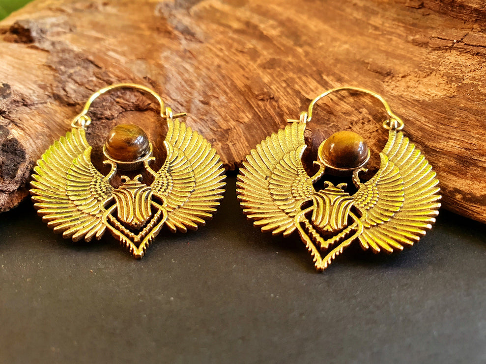 Golden Tiger Eye Scarab Earrings Ancient Egypt ; Ethnic, Geometric, rustic, yoga, hippie, gypsy, pretty, boho, bohemian, festival