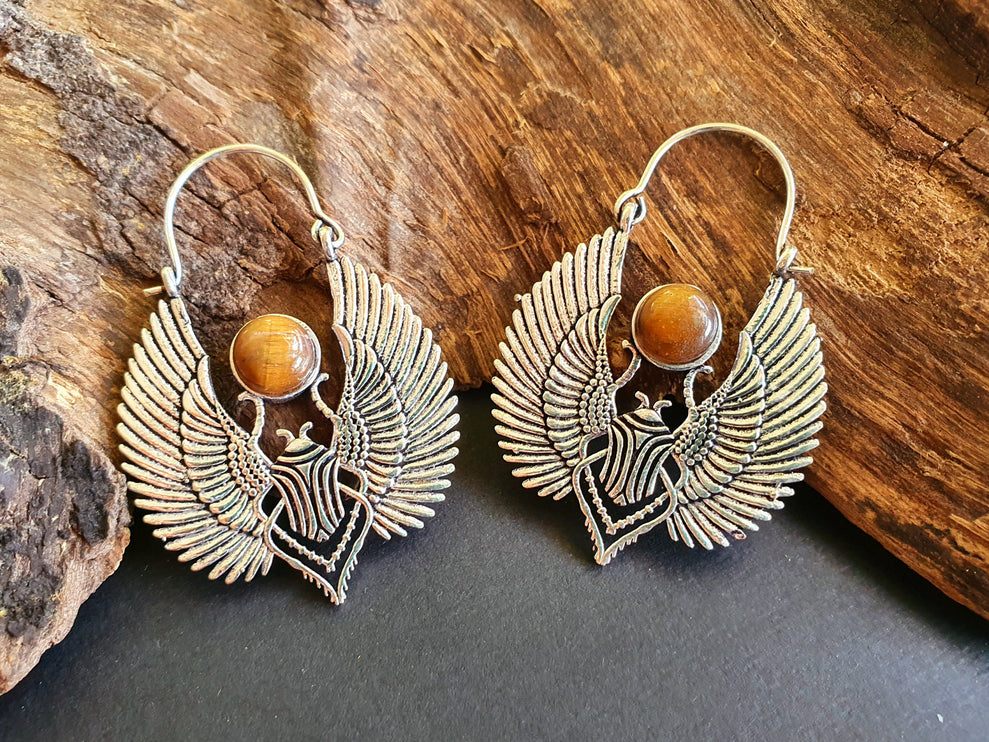 Silver Tiger Eye Scarab Earrings Ancient Egypt ; Ethnic, Geometric, rustic, yoga, hippie, gypsy, pretty, boho, bohemian, festival