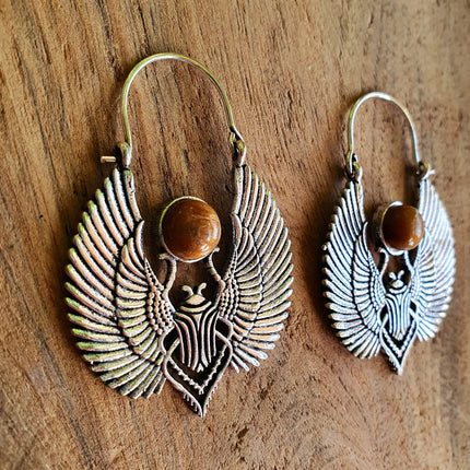 Silver Tiger Eye Scarab Earrings Ancient Egypt ; Ethnic, Geometric, rustic, yoga, hippie, gypsy, pretty, boho, bohemian, festival