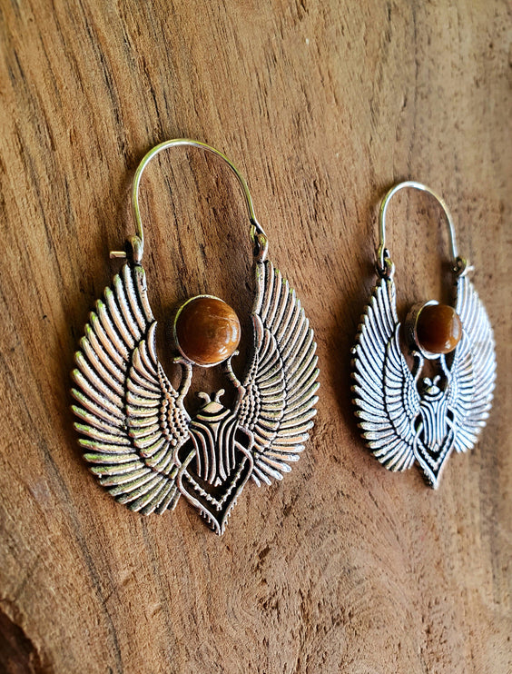 Silver Tiger Eye Scarab Earrings Ancient Egypt ; Ethnic, Geometric, rustic, yoga, hippie, gypsy, pretty, boho, bohemian, festival