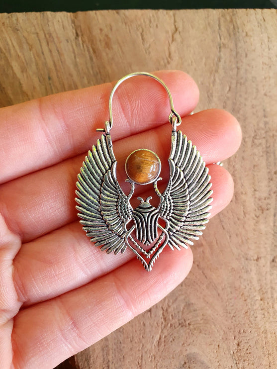 Silver Tiger Eye Scarab Earrings Ancient Egypt ; Ethnic, Geometric, rustic, yoga, hippie, gypsy, pretty, boho, bohemian, festival