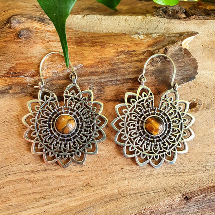 Silver Tiger Eye Mandala Flower Earrings ; Ethnic, Geometric, rustic, yoga, hippie, gypsy, pretty, boho, bohemian, festival