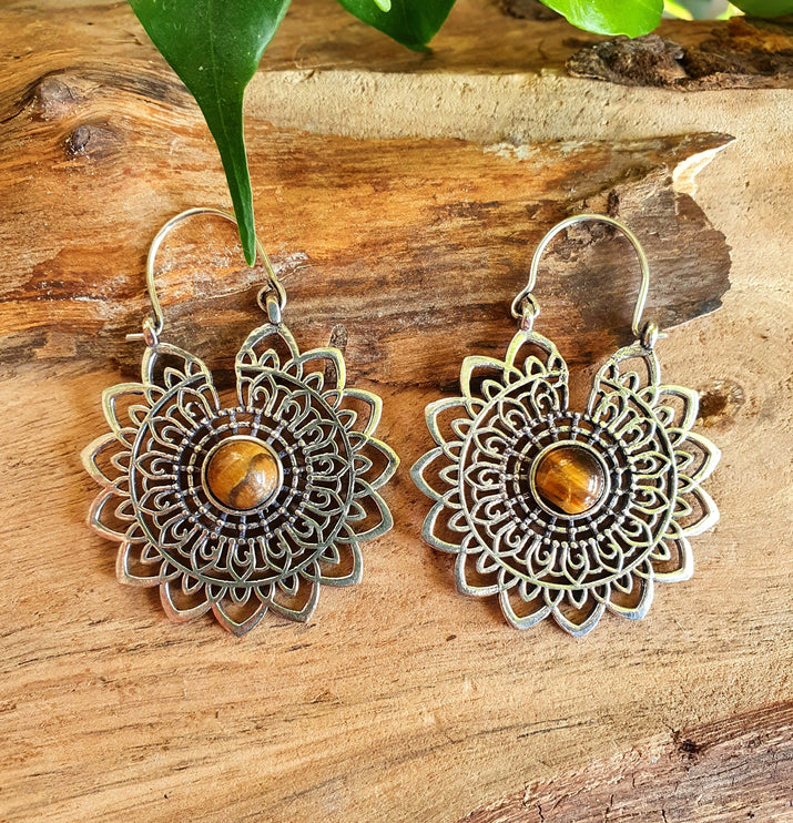 Silver Tiger Eye Mandala Flower Earrings ; Ethnic, Geometric, rustic, yoga, hippie, gypsy, pretty, boho, bohemian, festival