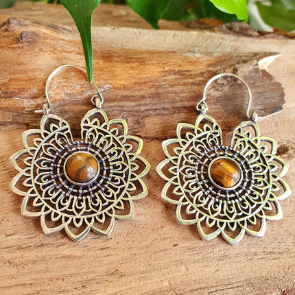 Silver Tiger Eye Mandala Flower Earrings ; Ethnic, Geometric, rustic, yoga, hippie, gypsy, pretty, boho, bohemian, festival