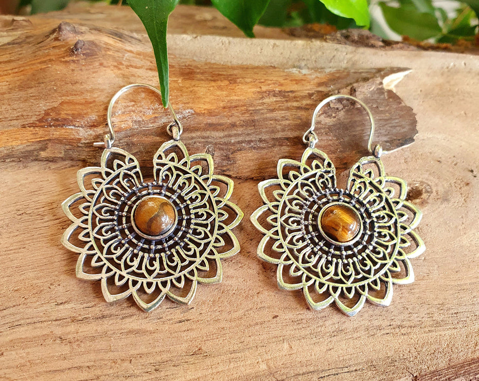 Silver Tiger Eye Mandala Flower Earrings ; Ethnic, Geometric, rustic, yoga, hippie, gypsy, pretty, boho, bohemian, festival