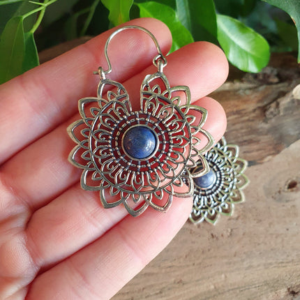 Silver Mandala Flower Earrings Lapis Lazuli ; Ethnic, Geometric, rustic, yoga, hippie, gypsy, pretty, boho, bohemian, festival