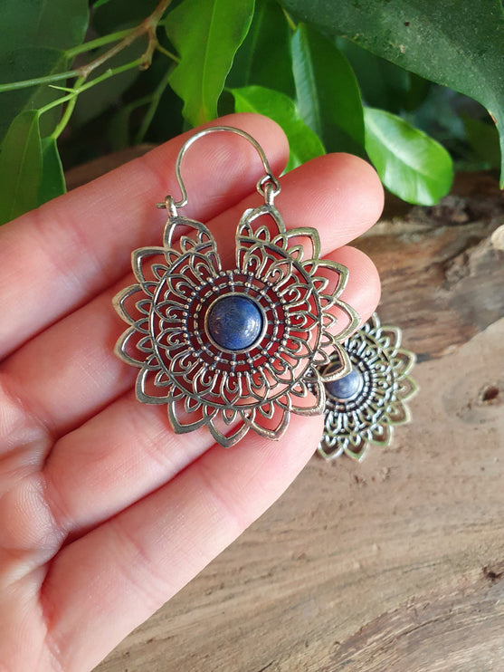 Silver Mandala Flower Earrings Lapis Lazuli ; Ethnic, Geometric, rustic, yoga, hippie, gypsy, pretty, boho, bohemian, festival