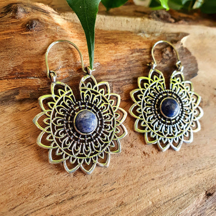 Silver Mandala Flower Earrings Lapis Lazuli ; Ethnic, Geometric, rustic, yoga, hippie, gypsy, pretty, boho, bohemian, festival