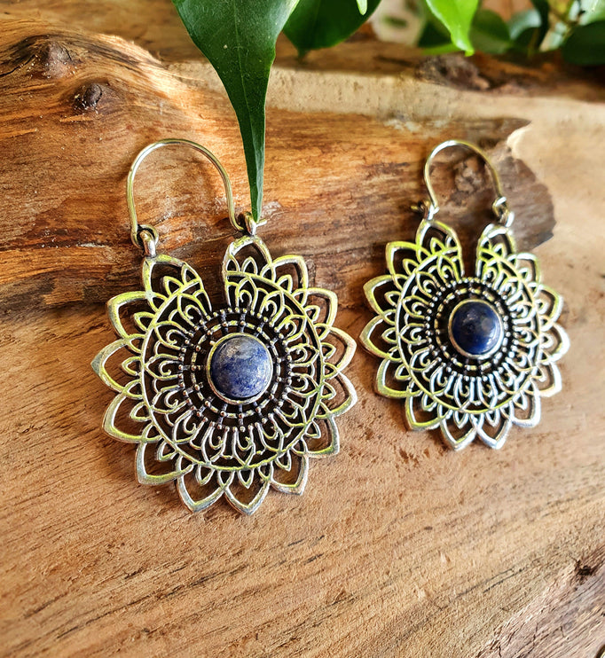 Silver Mandala Flower Earrings Lapis Lazuli ; Ethnic, Geometric, rustic, yoga, hippie, gypsy, pretty, boho, bohemian, festival