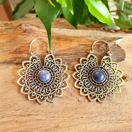 Silver Mandala Flower Earrings Lapis Lazuli ; Ethnic, Geometric, rustic, yoga, hippie, gypsy, pretty, boho, bohemian, festival