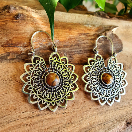 Silver Tiger Eye Mandala Flower Earrings ; Ethnic, Geometric, rustic, yoga, hippie, gypsy, pretty, boho, bohemian, festival