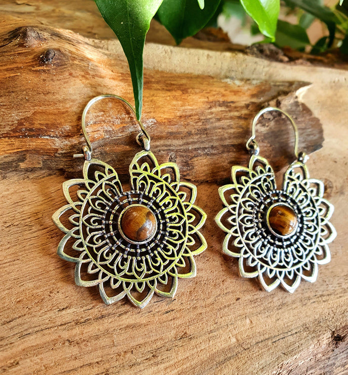 Silver Tiger Eye Mandala Flower Earrings ; Ethnic, Geometric, rustic, yoga, hippie, gypsy, pretty, boho, bohemian, festival