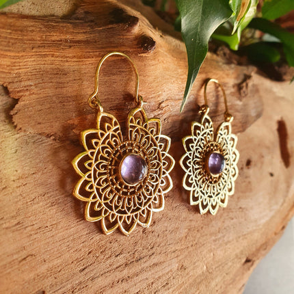 Golden Mandala Flower Amethyst Earrings ; Ethnic, Geometric, rustic, yoga, hippie, gypsy, pretty, boho, bohemian, festival