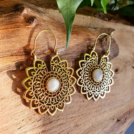 Golden Mandala Flower Moonstone Earrings ; Ethnic, Geometric, rustic, yoga, hippie, gypsy, pretty, boho, bohemian, festival