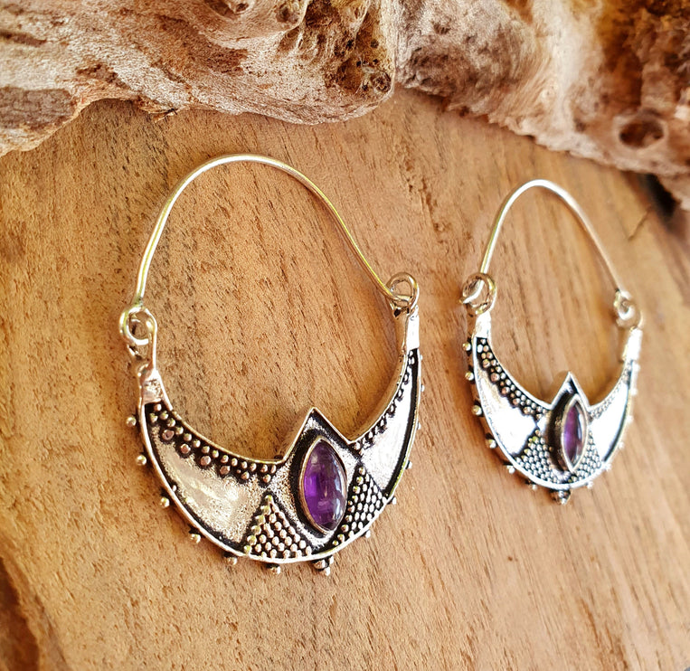 Amethyst & Silver Hoop Earrings Ethnic, rustic, yoga, hippie, gypsy, pretty, psy, boho, bohemian, festival