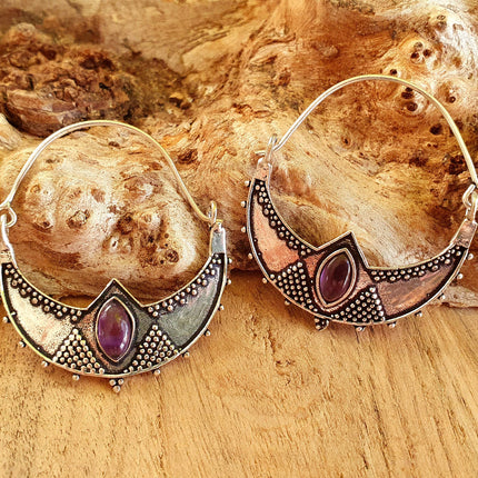 Amethyst & Silver Hoop Earrings Ethnic, rustic, yoga, hippie, gypsy, pretty, psy, boho, bohemian, festival