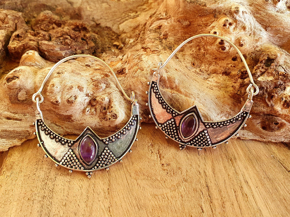 Amethyst & Silver Hoop Earrings Ethnic, rustic, yoga, hippie, gypsy, pretty, psy, boho, bohemian, festival