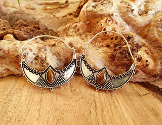 Tiger's Eye Silver Spiky Hoop Earrings Ethnic, rustic, yoga, hippie, gypsy, pretty, psy, boho, bohemian, festival