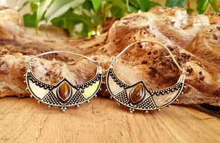 Tiger's Eye Silver Spiky Hoop Earrings Ethnic, rustic, yoga, hippie, gypsy, pretty, psy, boho, bohemian, festival